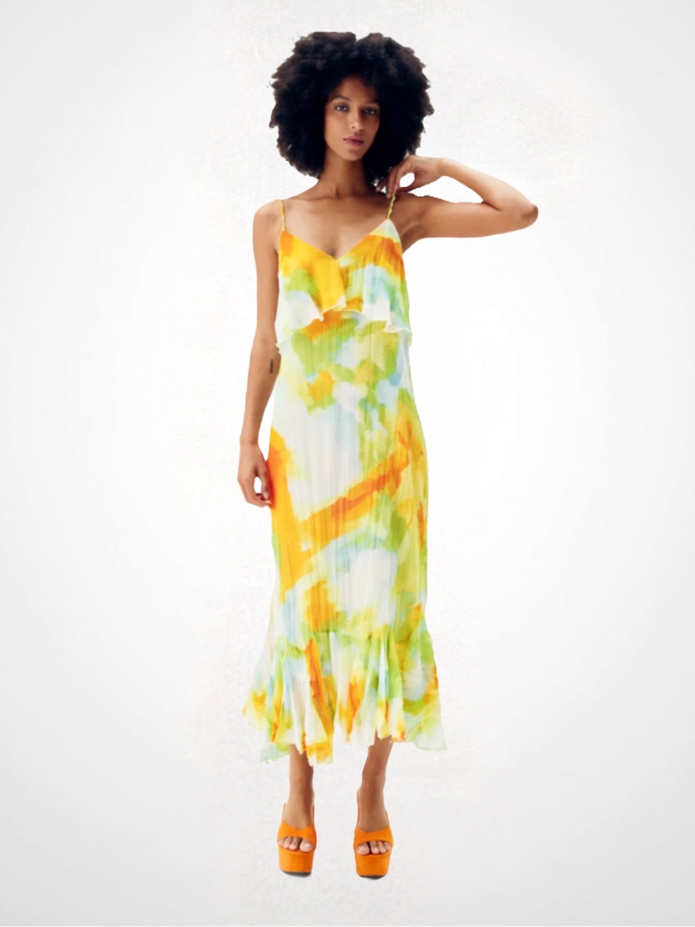Zara Yellow & Green Tie-Dye Slip Maxi Dress